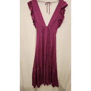 STILLWATER Dress‎ Womens XS Plum Ruffle Sleeve Deep V Tiered Pockets Made USA
